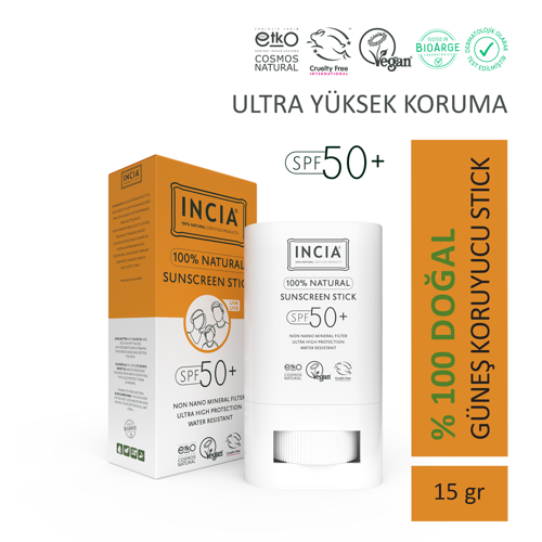 100% Doğal Güneş Koruyucu Sun Stick Mineral Filtreli Hassas Cilt Bitkisel UVA UVB SPF50+ 15 gr