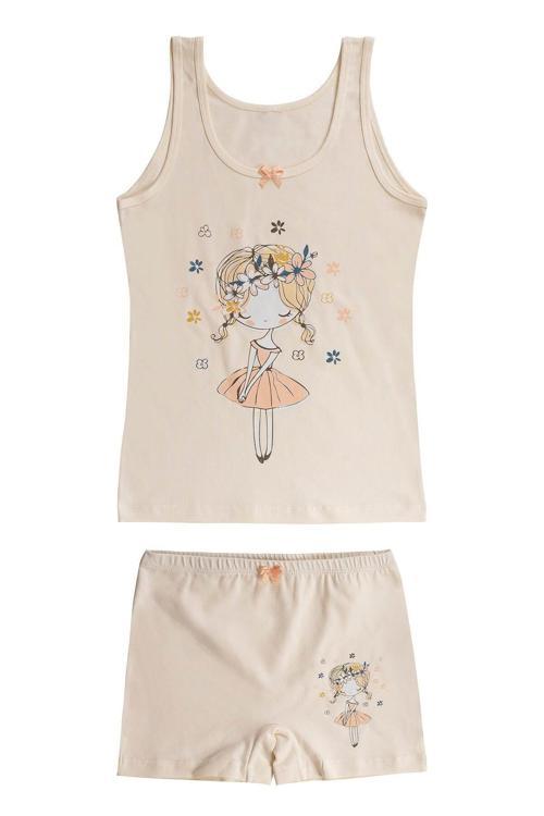 Kız Çocuk Pamuklu Önü Baskılı Süprem Kalın Askılı Atlet Şort İç Giyim Takım | Ekru 43163