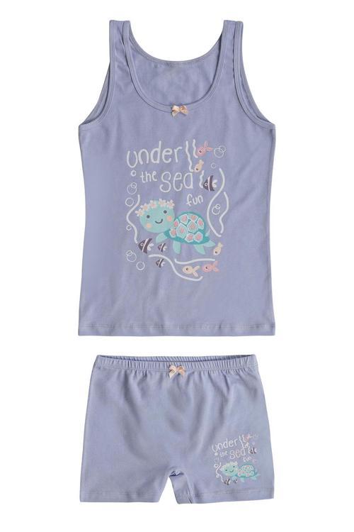 Kız Çocuk Pamuklu Önü Baskılı Süprem Kalın Askılı Atlet Şort İç Giyim Takım | Lila 43158