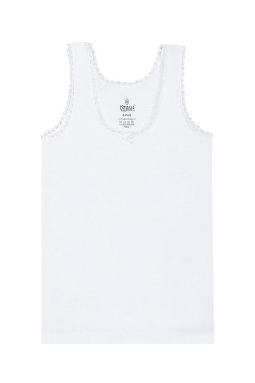 Kız Çocuk %100 Pamuklu Ribana Yakası Dantel Detaylı Kalın Askılı Atlet | Beyaz K1605