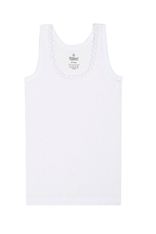 Kız Çocuk %100 Pamuklu Ribana Yakası Çiçek Brode Kalın Askılı Atlet | Beyaz K0800