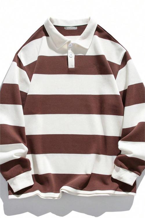 Erkek London Çizgili Şeritli Pamuklu İçi Polarlı Polo Yaka Sweatshirt
