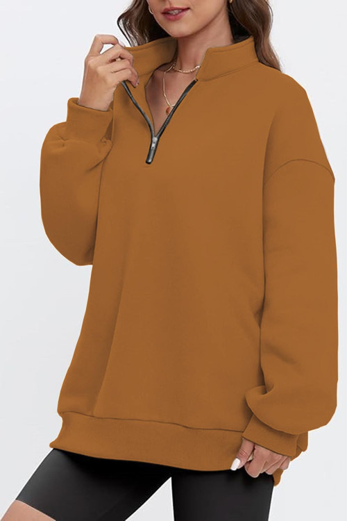 Kadın Vintage Yarım Fermuarlı Oversize İçi Şardonlu Pamuklu Sweatshirt