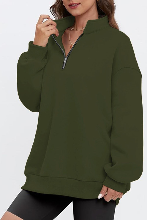 Kadın Vintage Yarım Fermuarlı Oversize İçi Şardonlu Pamuklu Sweatshirt