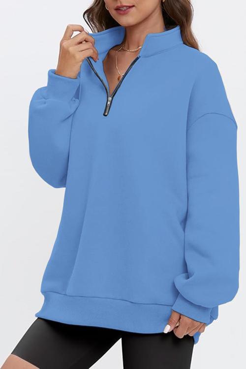 Kadın Vintage Yarım Fermuarlı Oversize İçi Şardonlu Pamuklu Sweatshirt
