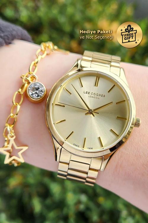 Bileklik Hediyeli Altın Sarı Renk Gold Kordon Çelik Kadın Kol Saati 7055.110