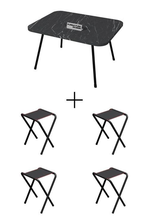 4 Adet Katlanır Kamp Taburesi Ve Katlanır Kamp Masası Seti 45x60