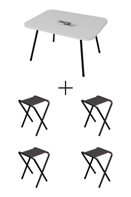 4 Adet Katlanır Kamp Taburesi Ve Katlanır Kamp Masası Seti 45x60