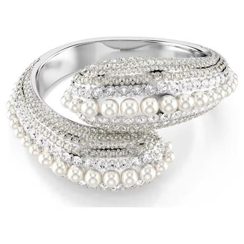 Bilezik Sublima cuff, Statement, Crystal pearl, Round cut, White, Rhodium plated