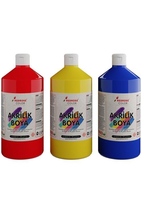 Kırmızı-Mavi-Sarı Akrilik Boya Seti, 3'Lü Set 3X1000Gr, Dekoratif Hobi Amaçlı Sanatsal Canlı Renkler