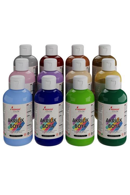 Pastel Renkler Akrilik Boya 12'Li Set 12X250Gr, Dekoratif Hobi Amaçlı Sanatsal Canlı Renkler