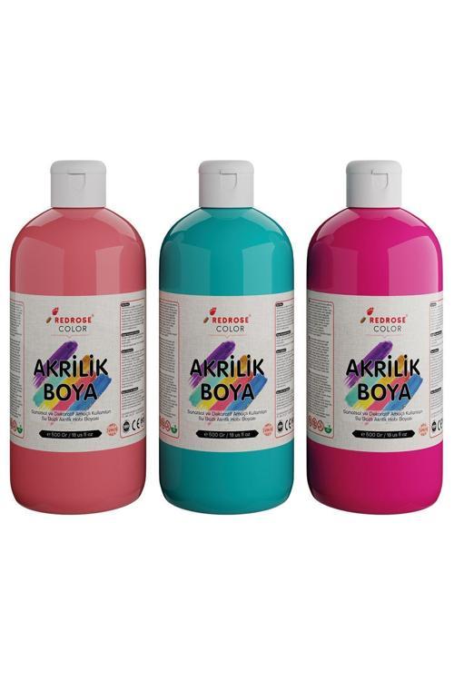Pembe-Turkuaz-Fuşya Akrilik Boya Seti, 3'Lü Set 3X500Gr Dekoratif Hobi Amaçlı Sanatsal Canlı Renkler