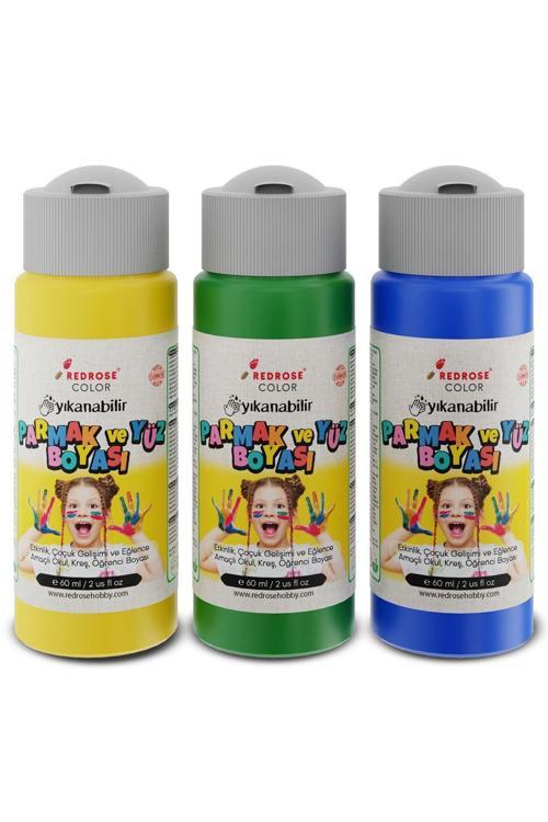 Mavi-Yeşil-Sarı Parmak Boyası 3'Lü Set 3X60Ml Yıkanabilir, Toksik İçermez, Çocuk Okul Kreş İçin
