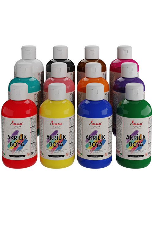 Tüm Renkler Akrilik Boya Seti, 12'Li Set 12X250Gr Dekoratif Hobi Amaçlı Sanatsal Canlı Renkler