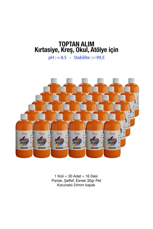 Turuncu Akrilik Boya Kırtasiye, Kreş, Okul, Atölye İçin 500Gr 30'Lu Koli
