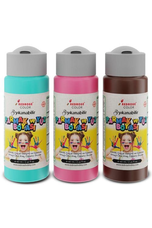 Turkuaz-Pembe-Kahverengi Parmak Boyası 3'Lü Set 3X60Ml Yıkanabilir, Toksik İçermez, Çocuk Okul Kreş