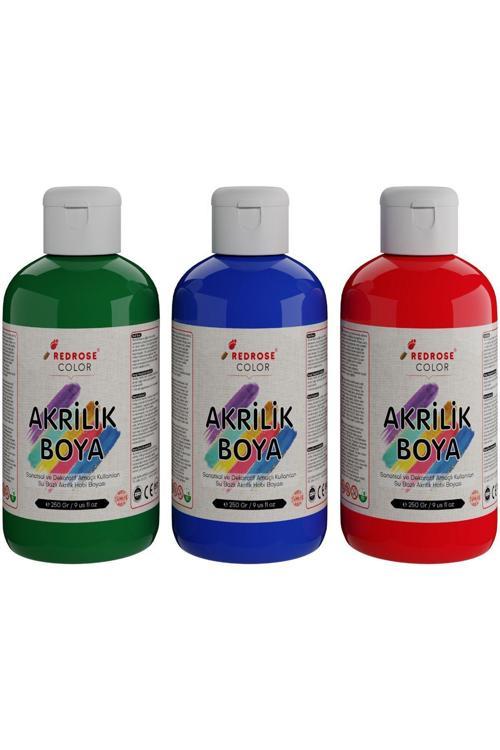Yeşil-Mavi-Kırmızı Akrilik Boya Seti, 3'Lü Set 3X250Gr Dekoratif Hobi Amaçlı Sanatsal Canlı Renkler