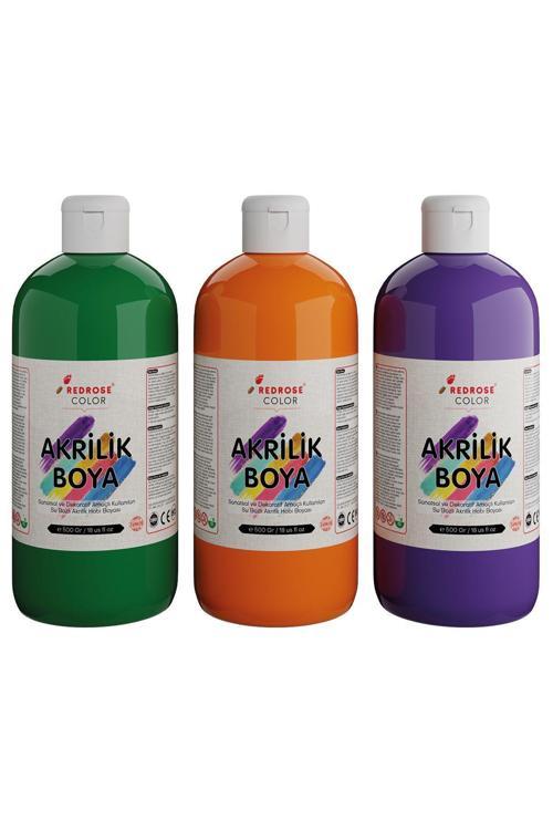 Yeşil-Turuncu-Mor Akrilik Boya Seti, 3'Lü Set 3X500Gr Dekoratif Hobi Amaçlı Sanatsal Canlı Renkler