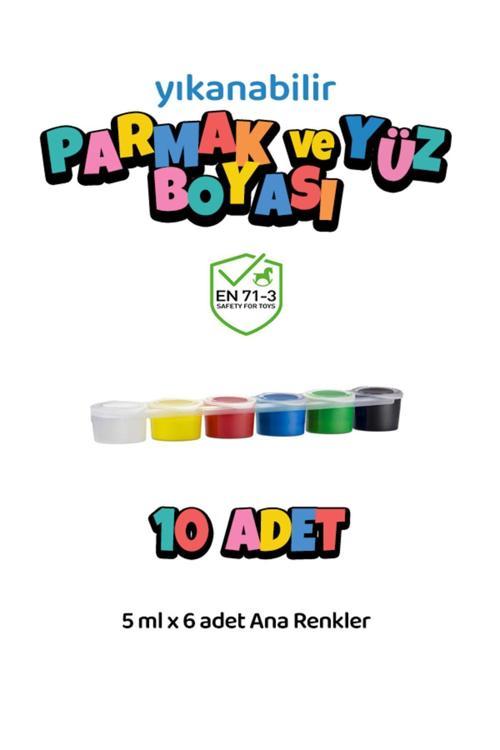 10 Adet Yıkanabilir Yüz Boyası Oyun Amaçlı 6'Lı Mini Set Ana Renkler Yüksek Kalite 6X5Ml
