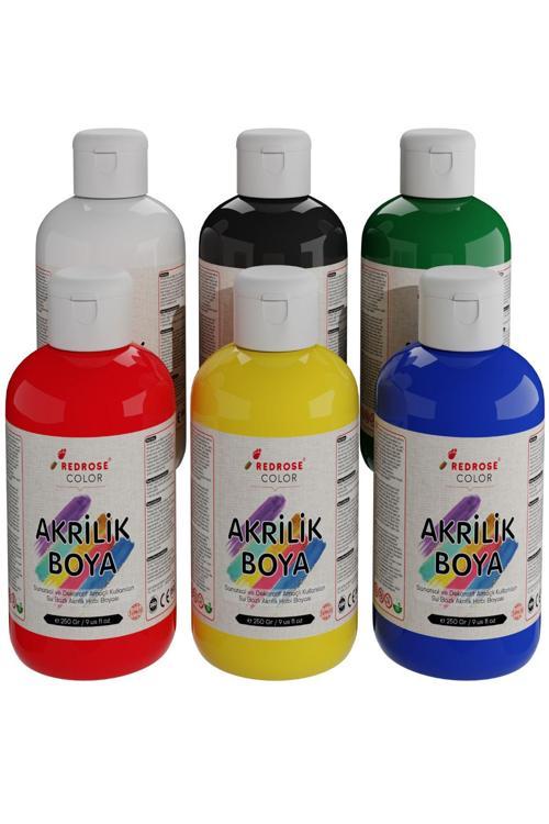 Ana Renkler Akrilik Boya Seti, 6'Lı Set 6X250Gr Dekoratif Hobi Amaçlı Sanatsal Canlı Renkler