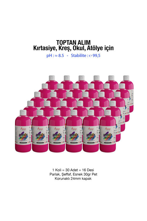 Fuşya Akrilik Boya Kırtasiye, Kreş, Okul, Atölye İçin 500Gr 30'Lu Koli