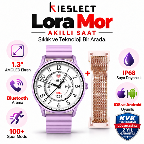 Lora Mor Sesli Asistan ve Arama Özellikli Akıllı Saat