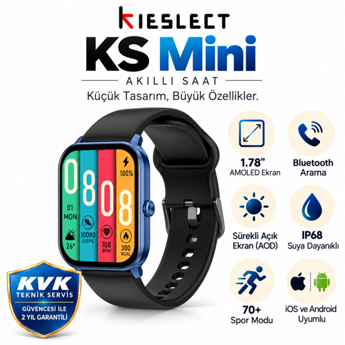 Ks Mini Amoled Ekranlı Akıllı Saat Mavi
