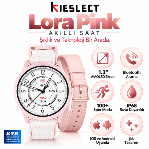 Lora Pembe Sesli Asistan ve Arama Özellikli Akıllı Saat