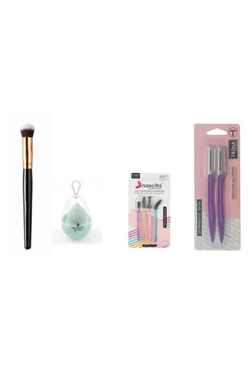 136 Oval Kapatıcı Fırçası + Yumurta Sünger + Kaş Şekillendirme Seti + Trina Kaş Usturası Set