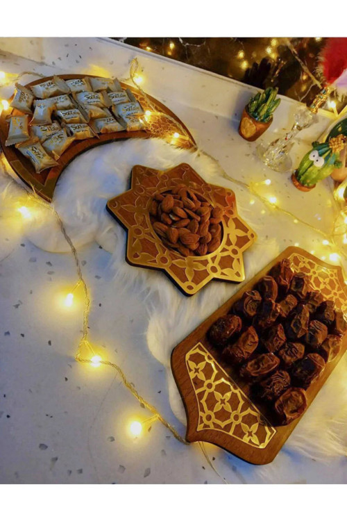 3'Lü Sunum Tabağı - Ceviz Renk - Hoşgeldin Ramazan Süsleri