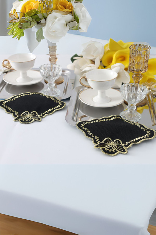 6'Lı Gold Kelebek Desenli Siyah Linen Keten Kahve Yanı Kokteyl Sunum Peçetesi