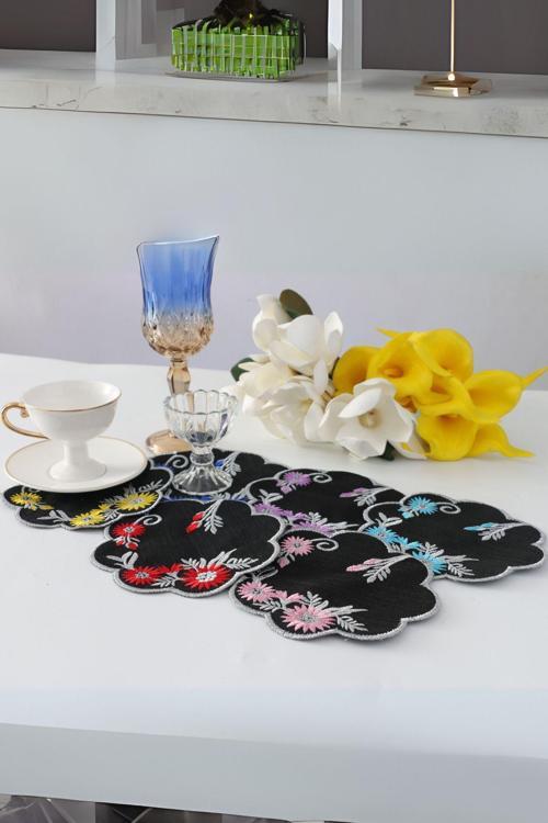 6 Renk Çiçek Desenli Siyah Linen Keten Kahve Yanı Kokteyl Sunum Peçetesi