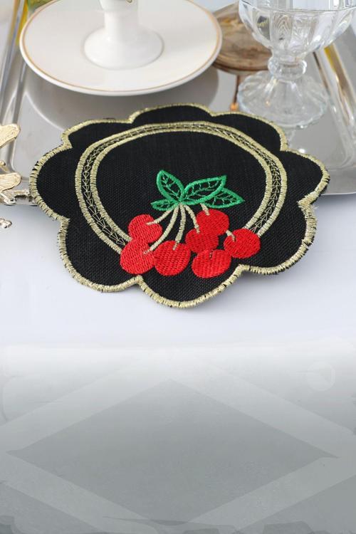 6'Lı Kiraz Desenli Siyah Linen Keten Kahve Yanı Kokteyl Sunum Peçetesi