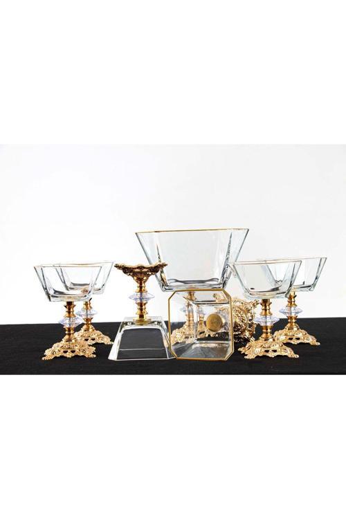 7 Parça Metal Ayaklı Gold Detaylı Cam Büyük Boy Salata - Magnolia Dondurmalık