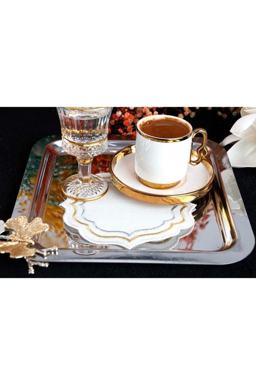 Gold Silver Ipek Detay Görünümlü 6'Lı Zarif Kokteyl Peçetesi Kahve Yanı Peçete Sunum Peçetesi