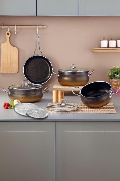 Fabrika Satış Mağazası 9 Parça Demir Kulp Siyah Granit Tencere Seti ( Dolma Sarma Altlığı Hediye)