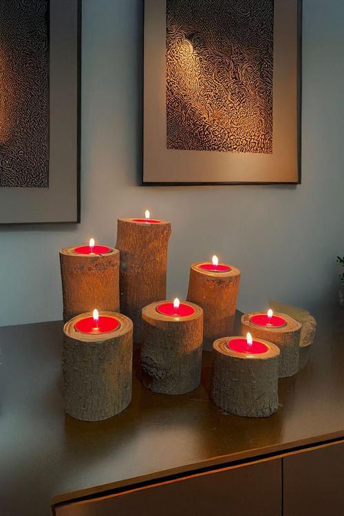 7'Li Tealight Mumluk Seti, Doğal Kütük, El Yapımı Ahşap, Rustik Modern Dekor Bohem & İskandinav Tarz