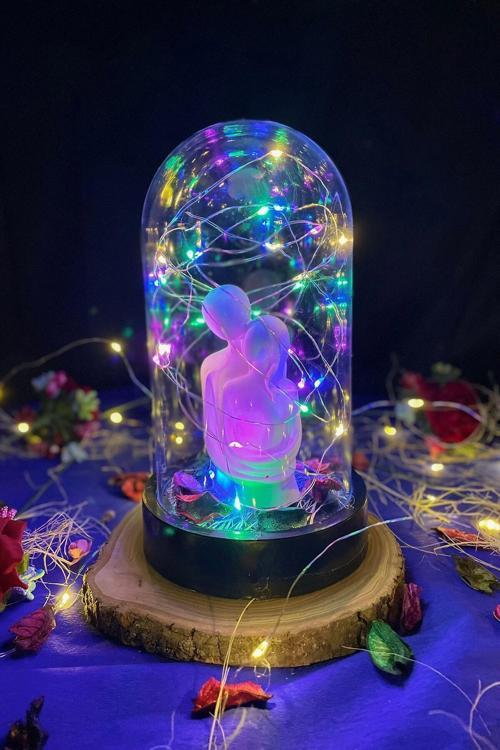 Sevgiliye Hediye Sevgili Figürlü Rgb Işıklı Aşk Fanusu Lamba Usb'Li Yapay Çiçek Dekoratif Hediyelik