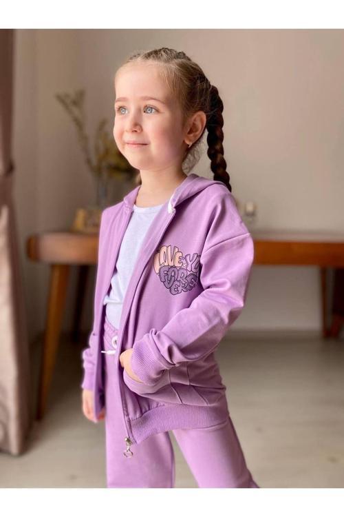 Kiz Çocuk Eşofman Takimi 2 Li. Boru Paça Farmuarli Kapuşonlu Takim. Love Baskili Takim.
