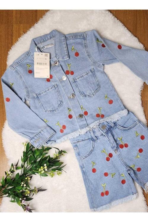 Vişne İşlemeli Ceketli Şortlu 2 Li Kot Takim. Açik Mavi. 3-10 Yaş