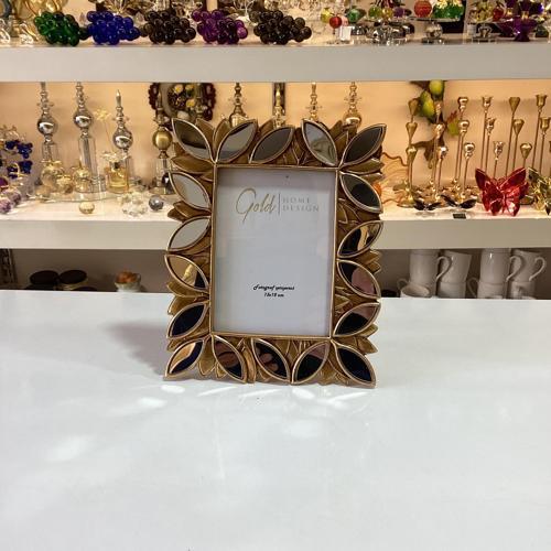 Aynalı Fotoğraf Çerçevesi Yaprak Desen Gold