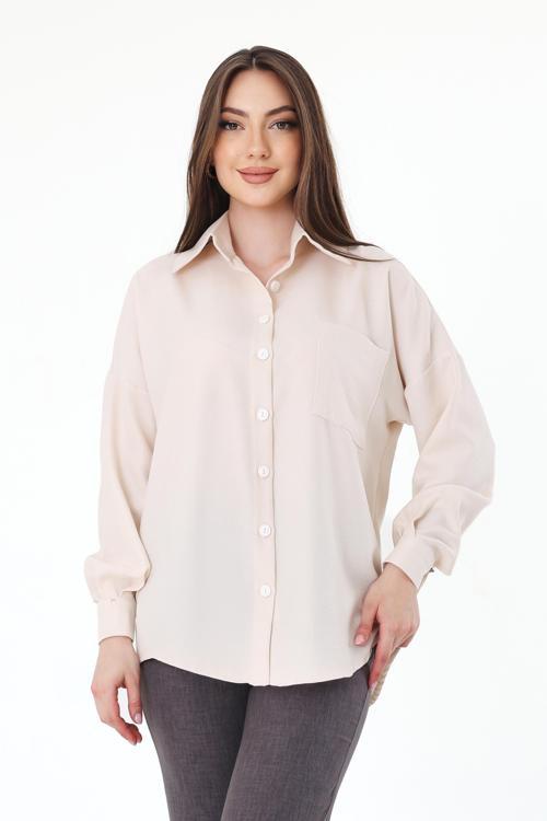 Tek Cepli Oversize Keten Gömlek- Taş