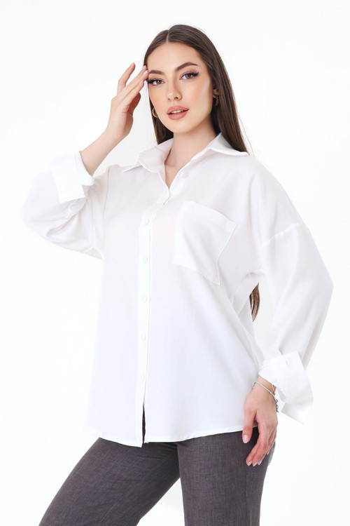 Tek Cepli Oversize Keten Gömlek- Beyaz