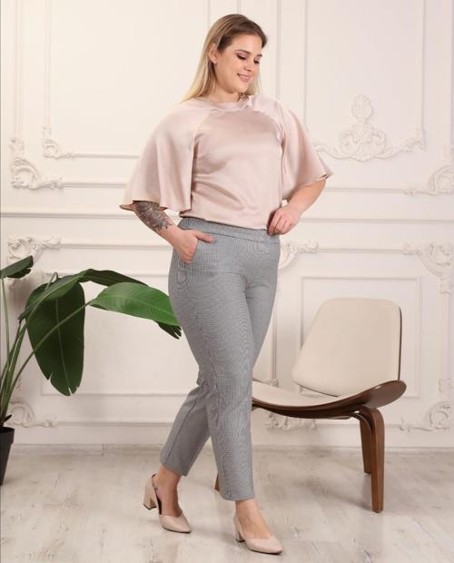 Gabardin Kumaş Gri  Büyük Beden Arka Lastikli Pantolon