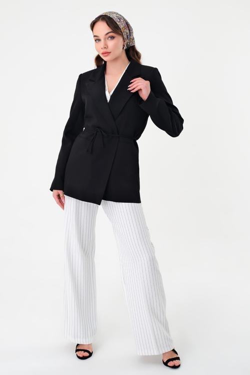 Kadın Siyah Bel Bağlamalı Blazer Ceket