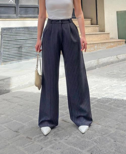 Kadın Siyah İnce Çizgili Palazzo Pantolon