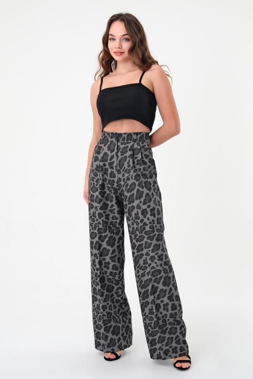 Kadın Füme Pix Leopar Desenli Yüksek Bel Palazzo Pantolon