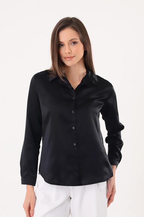 Kadın Hafif Dökümlü Siyah Saten Gömlek