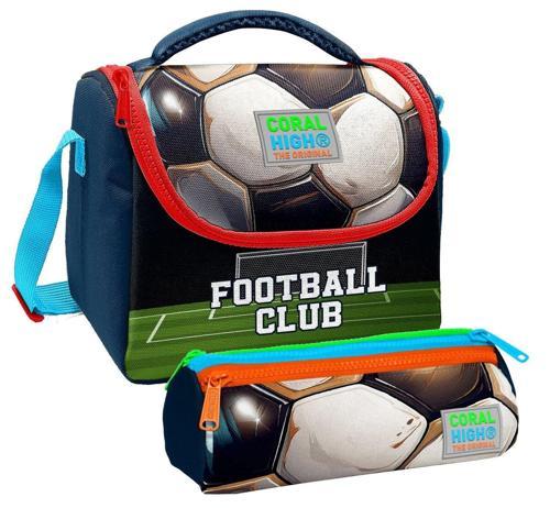 Erkek Çocuk Lacivert Yeşil Futbol Thermo Beslenme Çantası ve Üç Bölmeli Kalemlik Seti