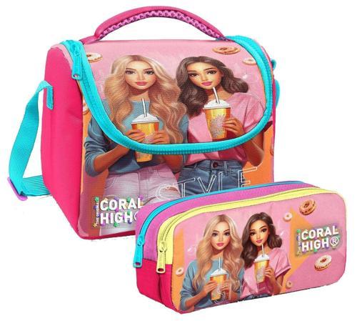 Kız Çocuk Pembe Kırmızı Fashion Girl Thermo Beslenme Çantası ve İki  Bölmeli Kalemlik Seti